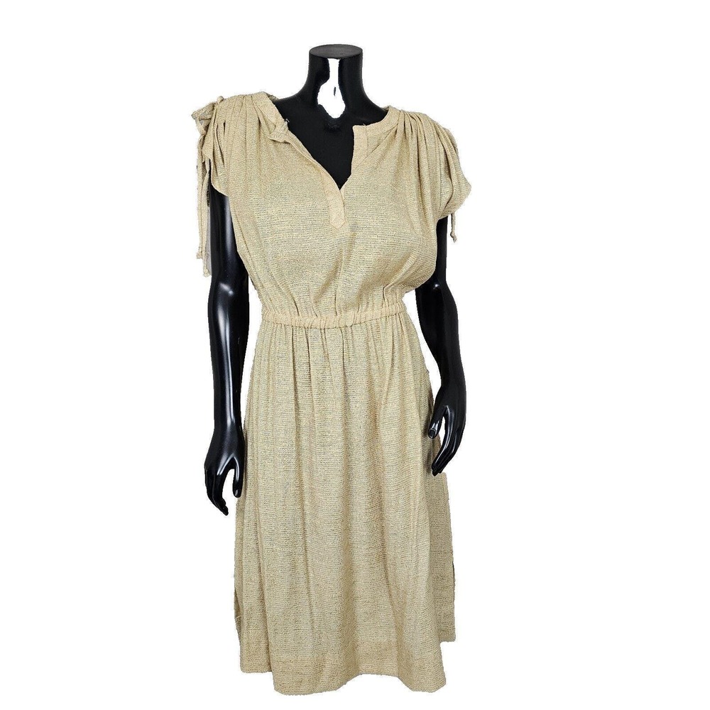 Vintage 70s Young Edwardian Boho Cottagecore Midi Dress Tie Shoulder Natural M